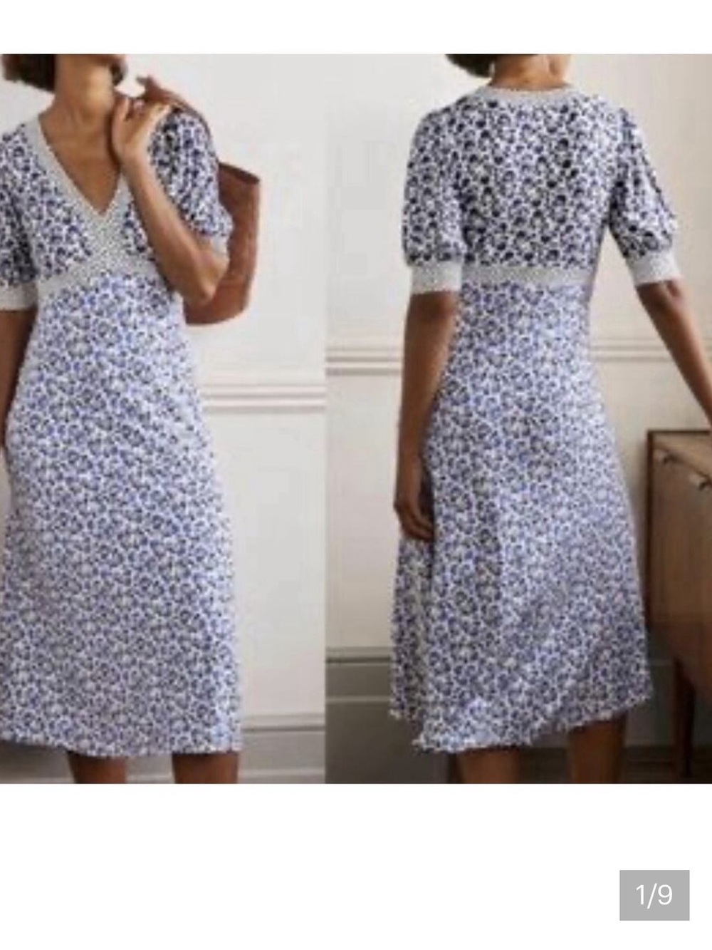 Boden Blue and White Floral V‑Neck Midi Dress Empire Waist 16/18 - Picture 9 of 9